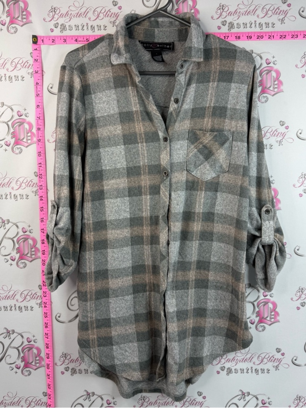 Polly & Esther button up long style shirt Gray and Taupe Plaid Button-Down Shirt